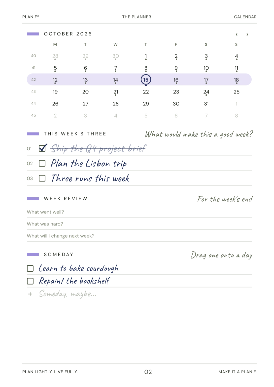 The Calendar spread in Planif: a month calendar and the week’s three priorities