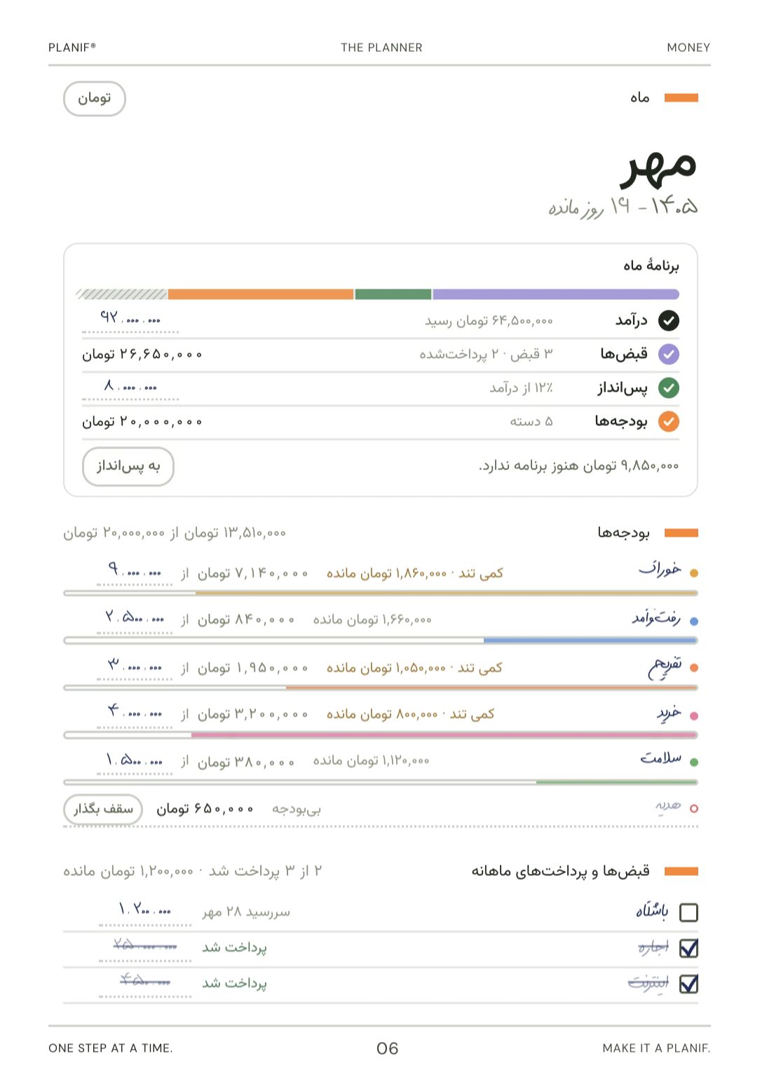 صفحهٔ مالی در پلنیف: برنامهٔ ماه، بودجه‌ها و قبض‌ها